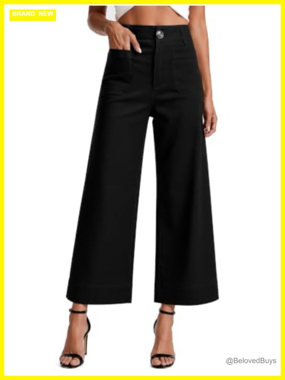 High Waisted Cropped Wide Leg Pants with Pockets Stretch Work